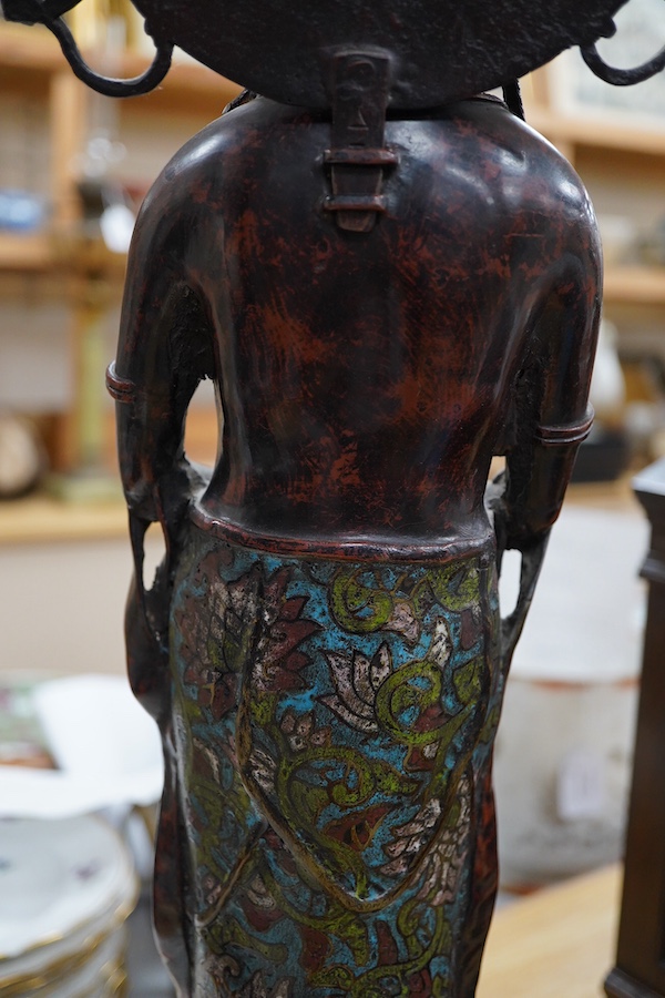 A large Chinese bronze and champleve enamel figure of a Bodhisattva, archaic style seal mark to base, 66cm